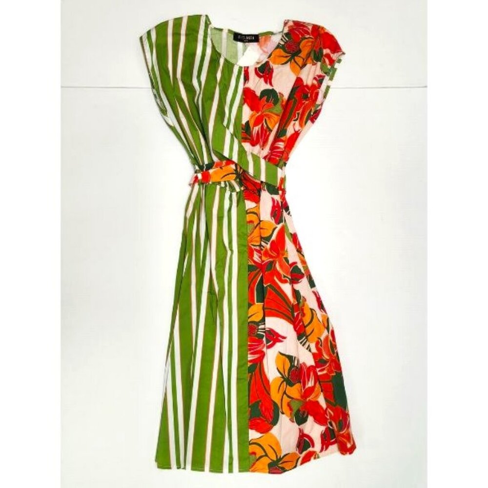 Dis Moi Women's Dual Patterned Colourful Dress W/Belt Size Unknown